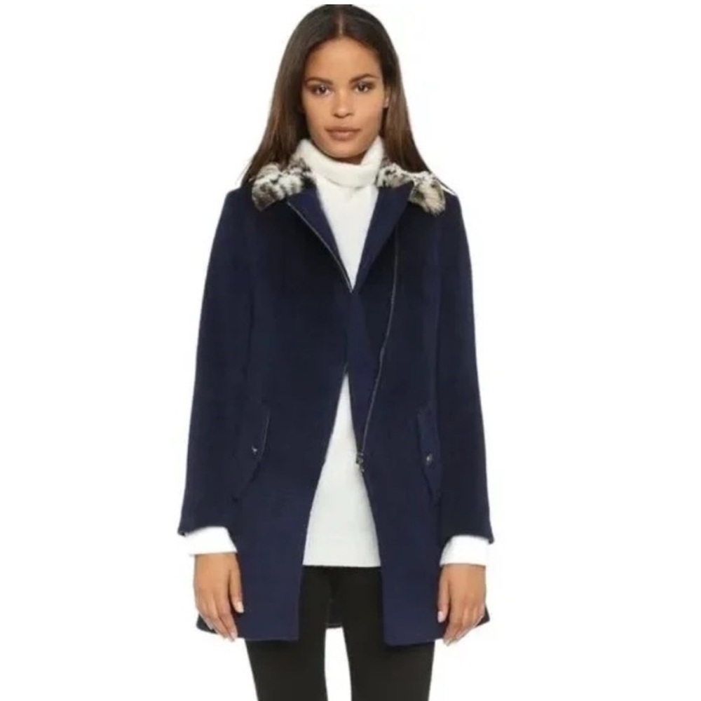 Rebecca Taylor asymmetric zipper car coat with faux fur collar. Size 2